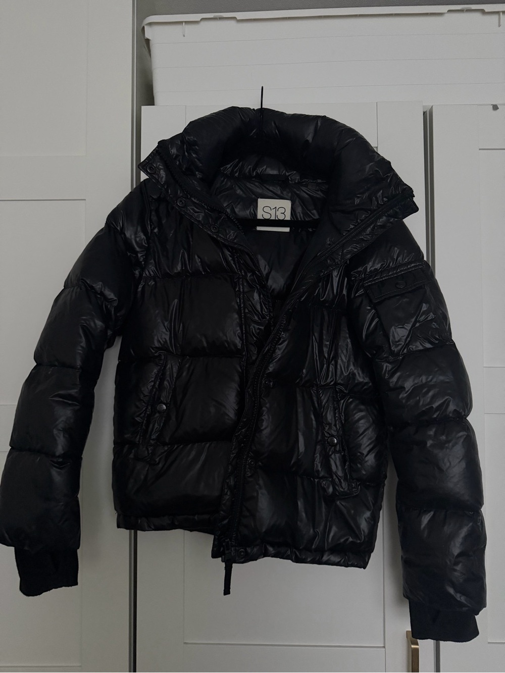 S13 Women's Glossy Black Puffer Jacket with High Collar